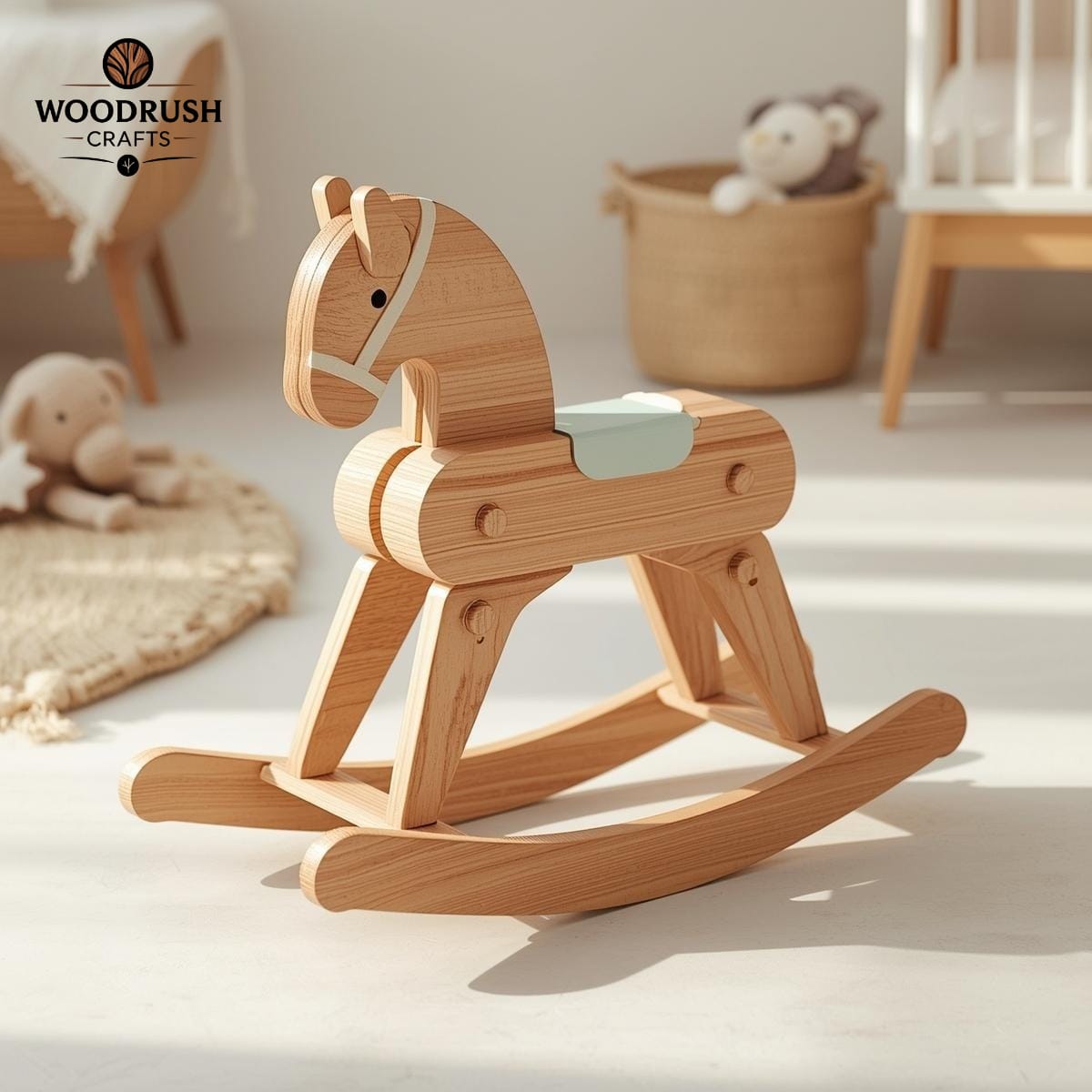 Handcrafted Wooden Rocking Horse with Sage Saddle — Natural Oak Finish.