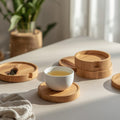 Handcrafted Wooden Round Tea Coasters with Holder — Set of 6.