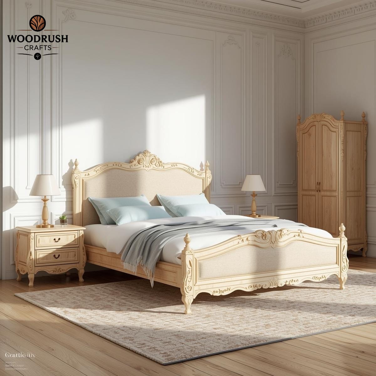 Handcrafted Wooden Bed with Side Tables – Upholstered Headboard & Light Brown Polish