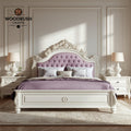 Handcrafted Wooden Bed with Side Tables – White Finish & Soft Pink Upholstered Headboard