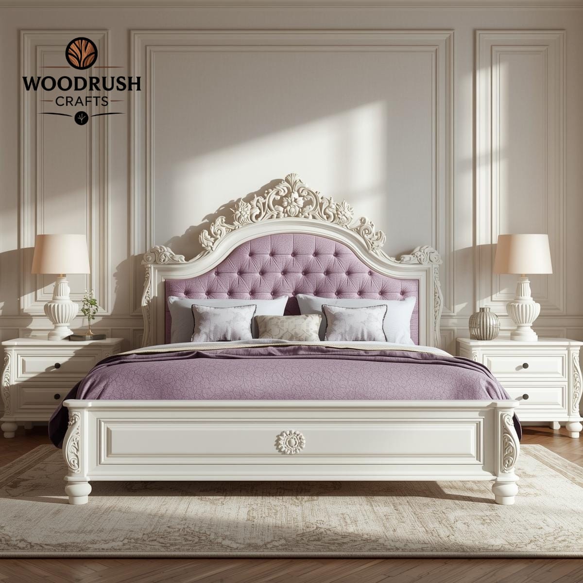 Handcrafted Wooden Bed with Side Tables – White Finish & Soft Pink Upholstered Headboard