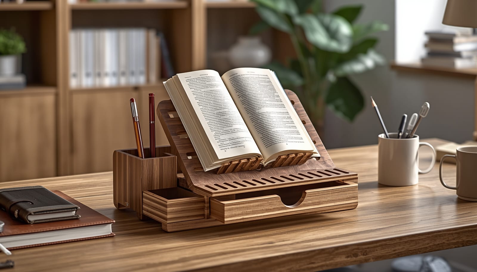 Wooden Desk Organizer with Book Holder