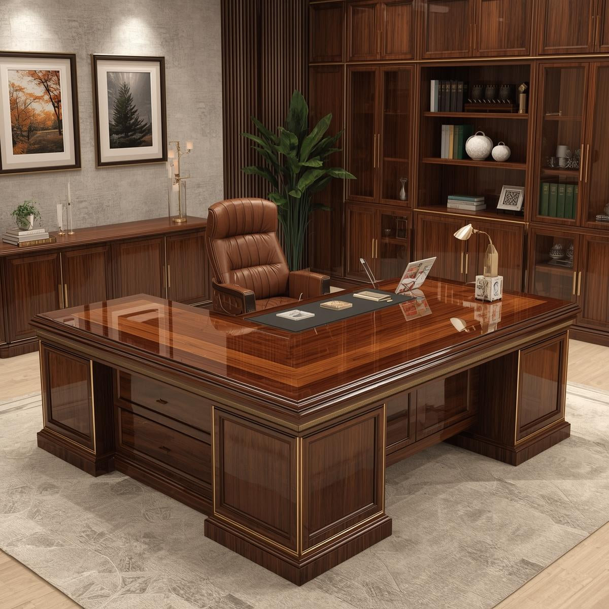 Executive CEO Office Table — Solid Wood with High Gloss Polish | Command Your Space