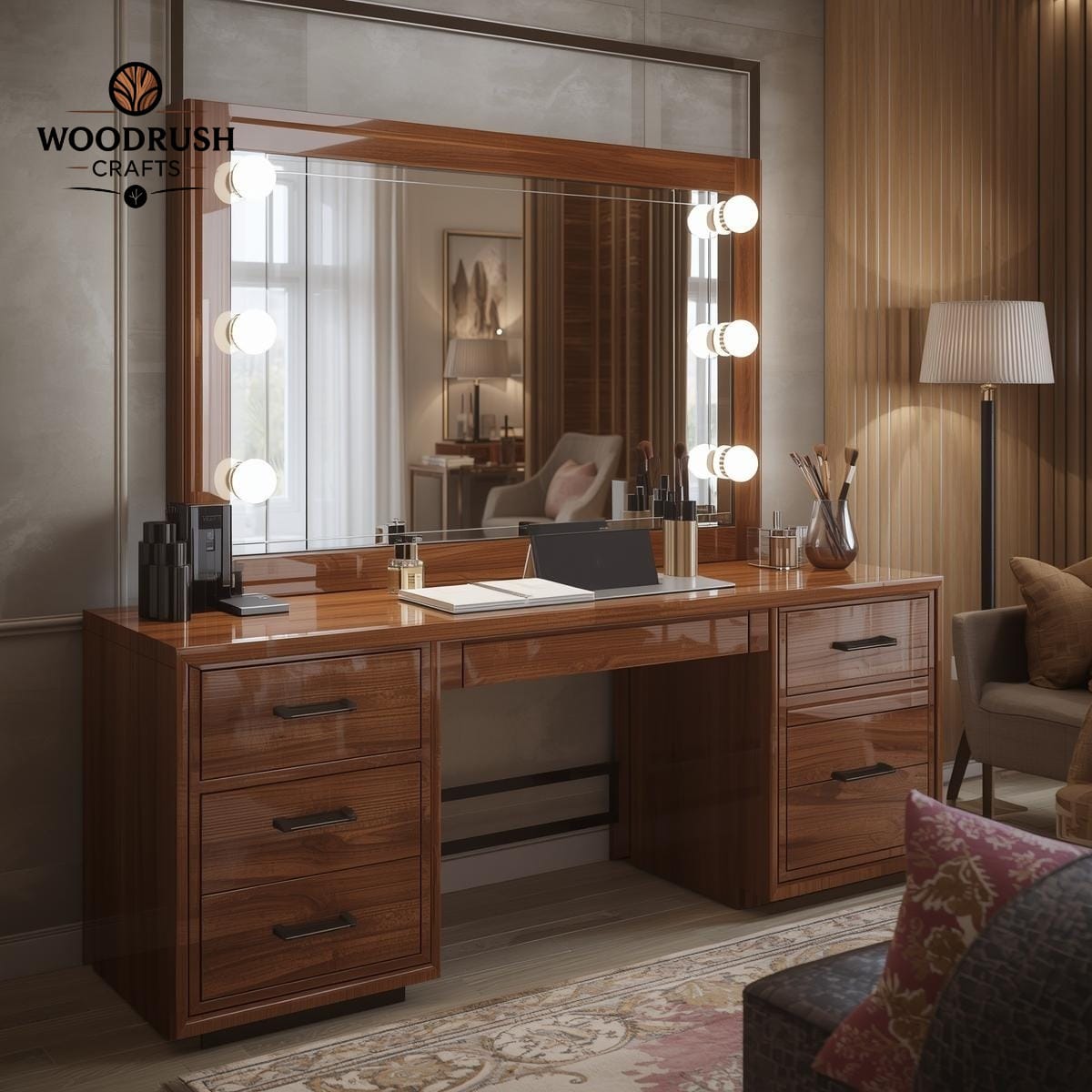 Handcrafted Hollywood Style Wooden Dressing Table – High Gloss Mirror Finish