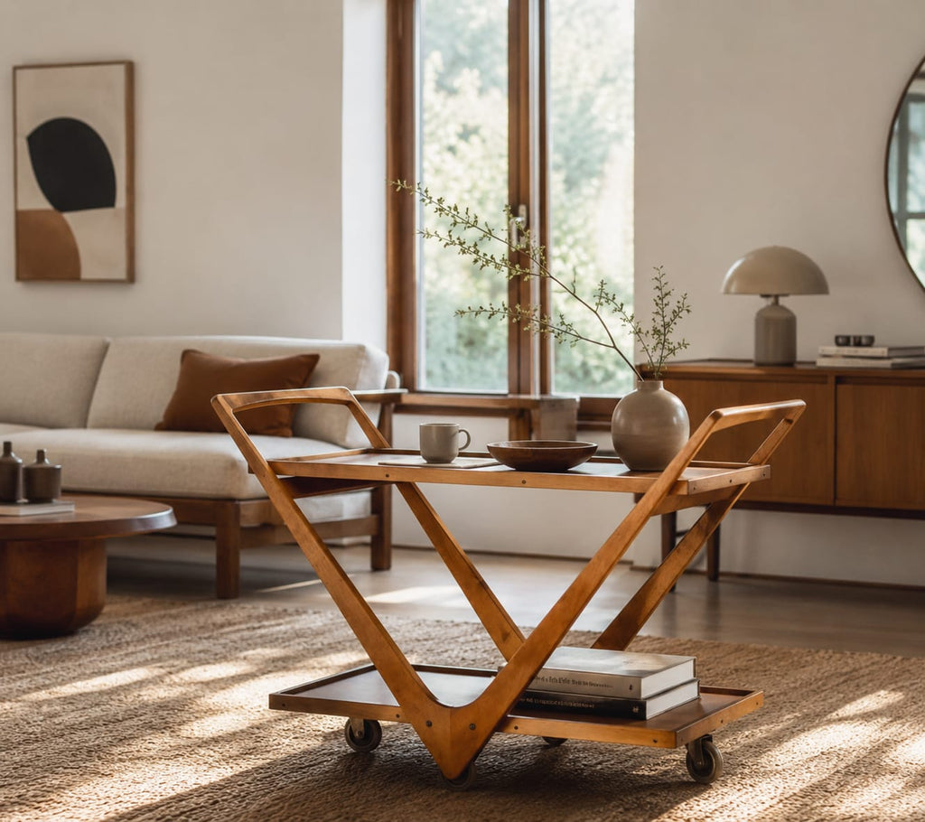 Handcrafted Wooden V-Shaped Serving Trolley — Elegant Serving for Kitchen & Dining