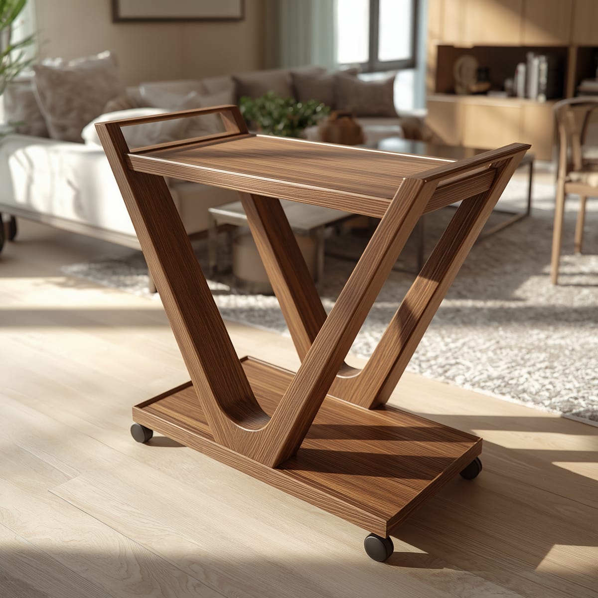 Handcrafted Wooden V-Shaped Serving Trolley — Elegant Serving for Kitchen & Dining