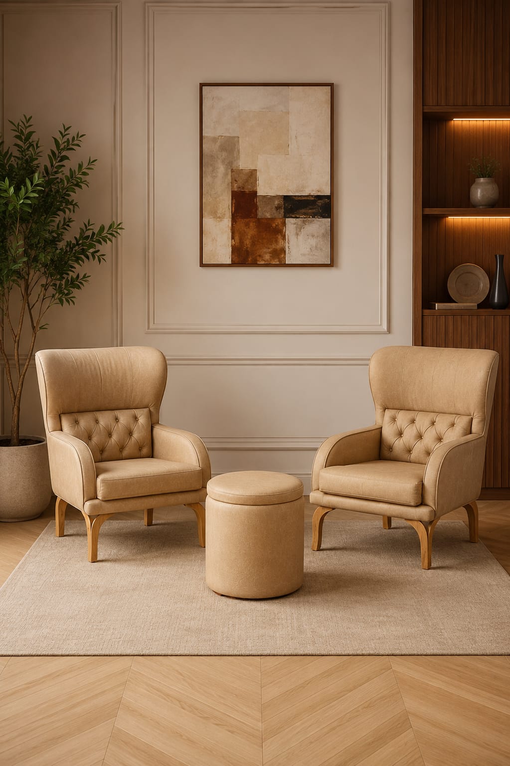 Luxury Bedroom Chair Set with Round Centre Table — Hand-Stitched Leather Upholstery