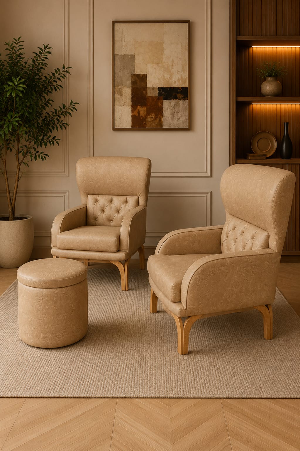 Luxury Bedroom Chair Set with Round Centre Table — Hand-Stitched Leather Upholstery