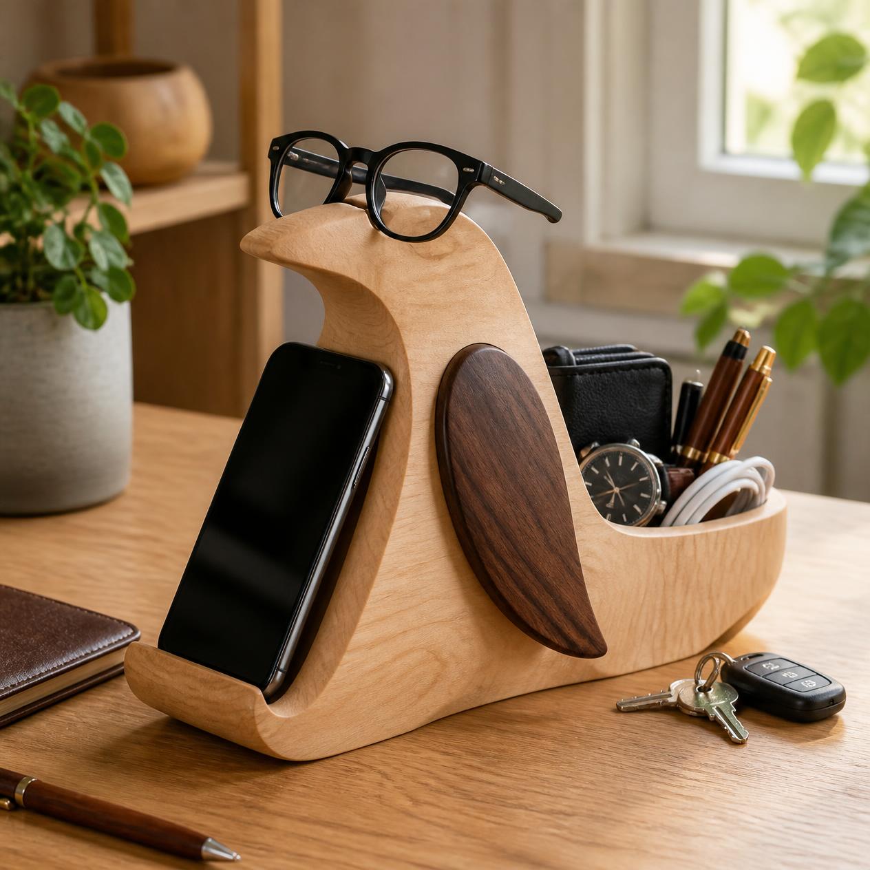 Handcrafted Wooden Penguin Desk Organiser