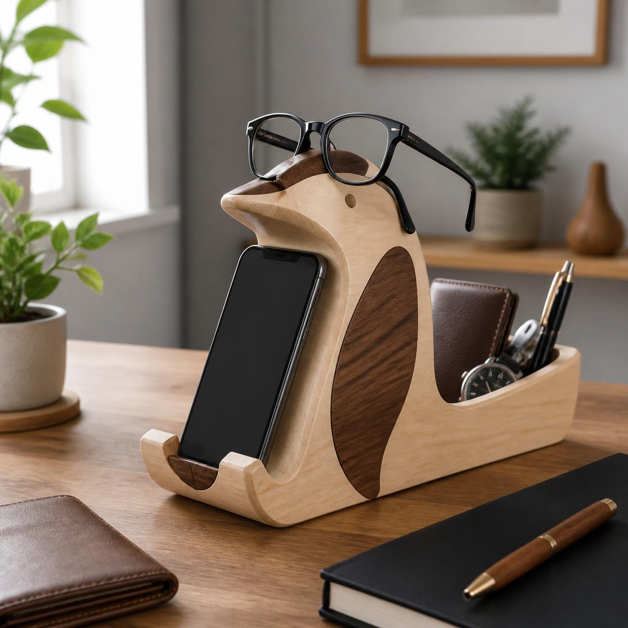 Handcrafted Wooden Penguin Desk Organiser