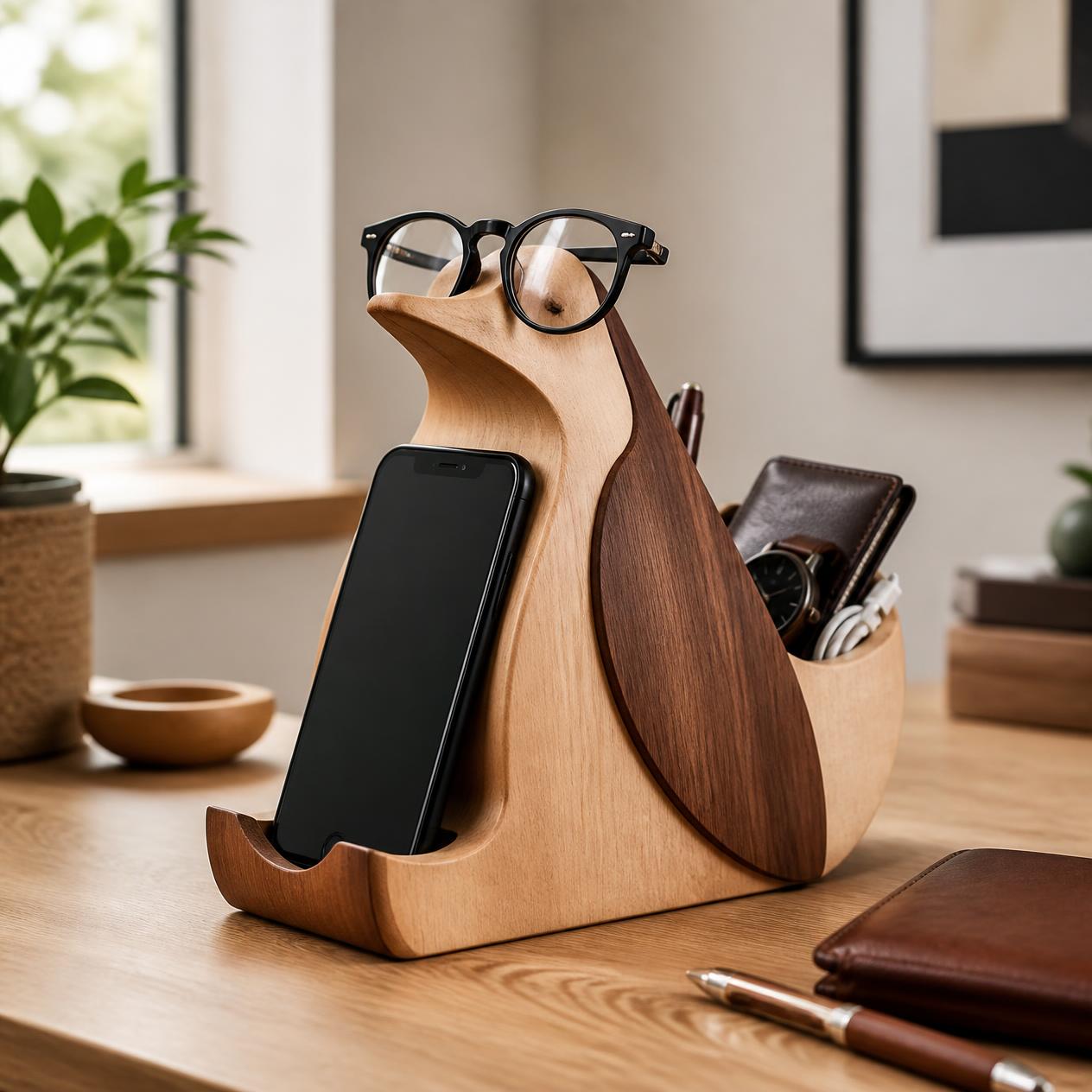 Handcrafted Wooden Penguin Desk Organiser
