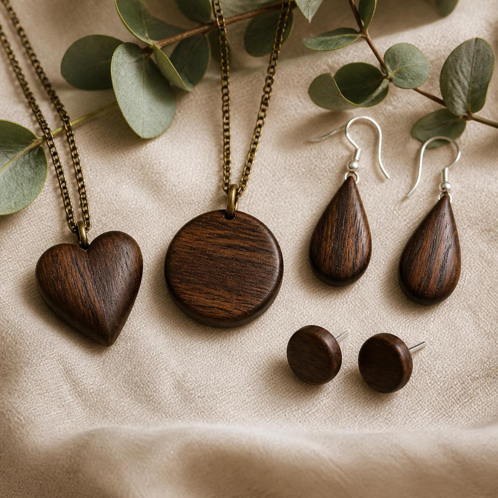 Handcrafted Wooden Jewellery Set — 2 Necklaces & 4 Earrings