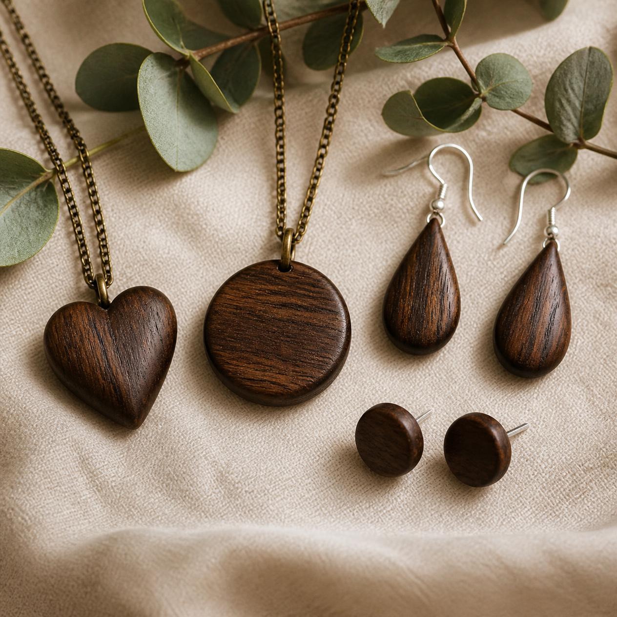 Handcrafted Wooden Jewellery Set — 2 Necklaces & 4 Earrings
