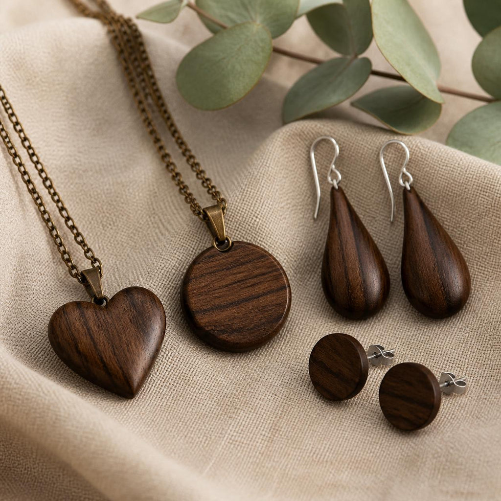 Handcrafted Wooden Jewellery Set — 2 Necklaces & 4 Earrings