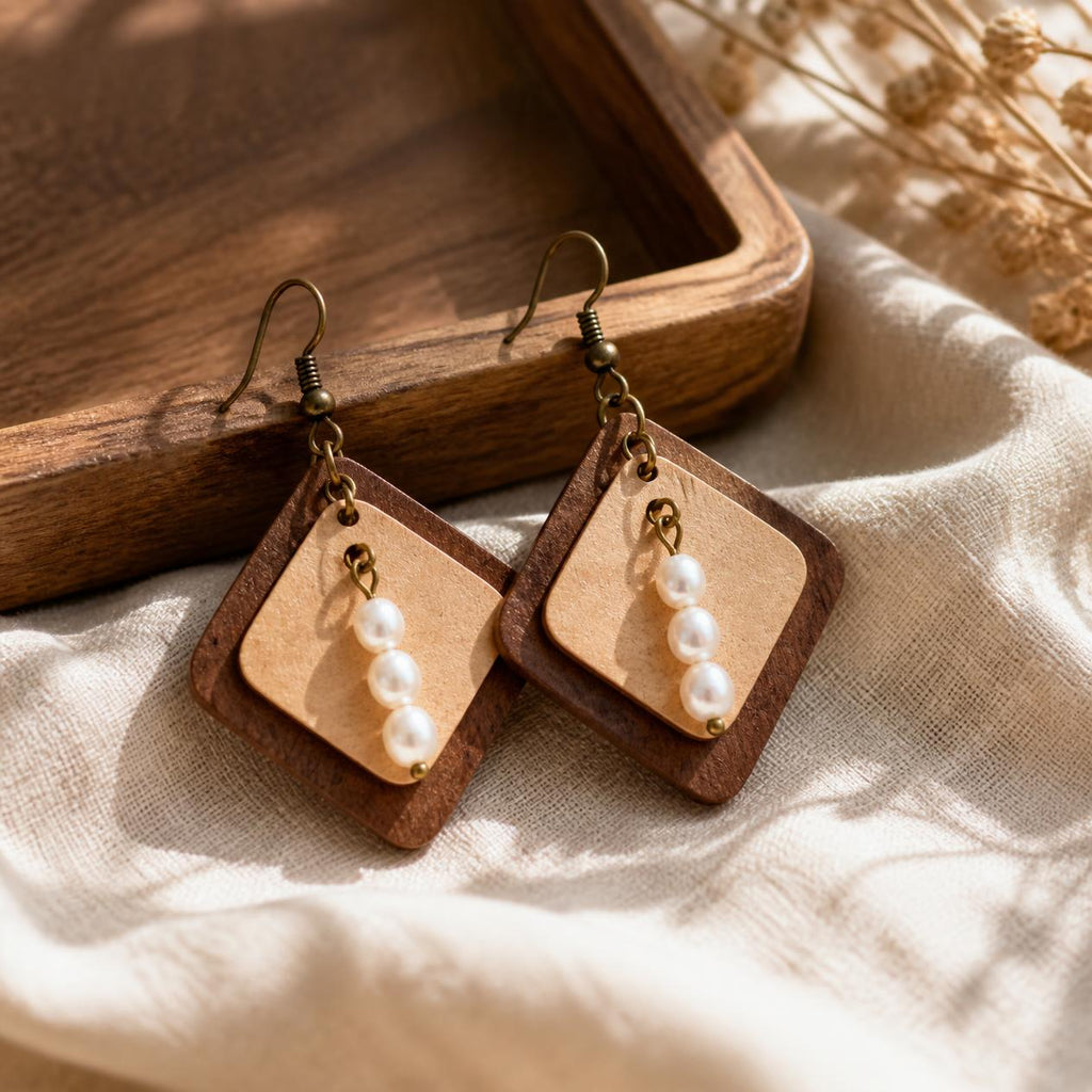 Wooden Square Two-Tone Earrings — Handcrafted Statement Studs