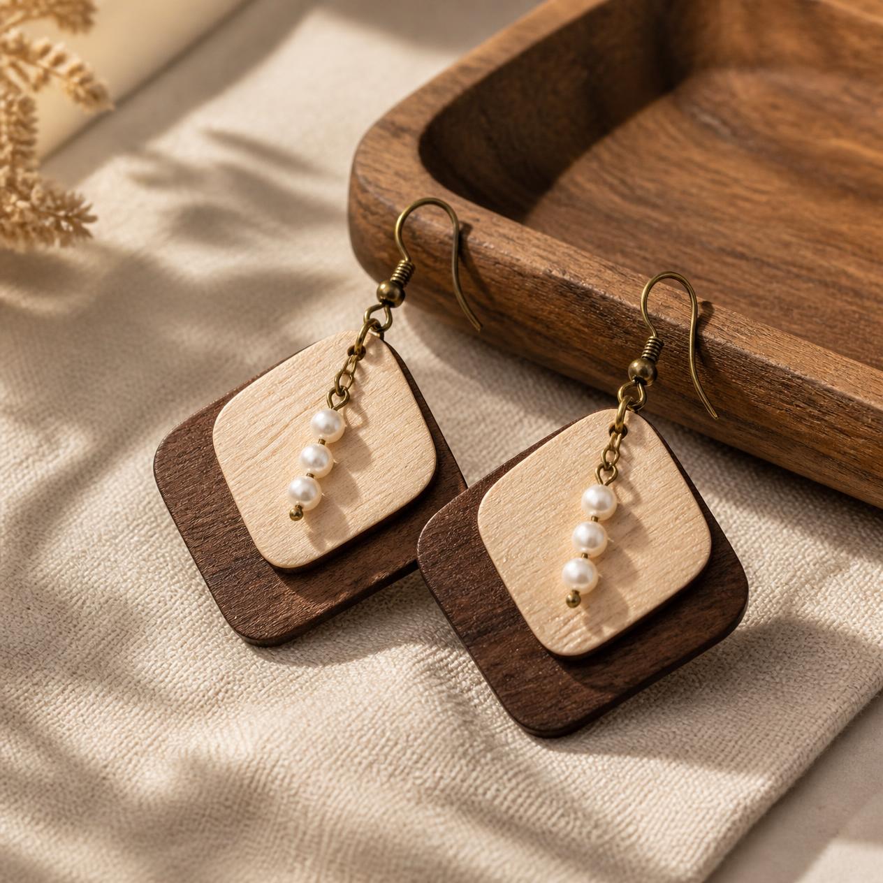 Wooden Square Two-Tone Earrings — Handcrafted Statement Studs