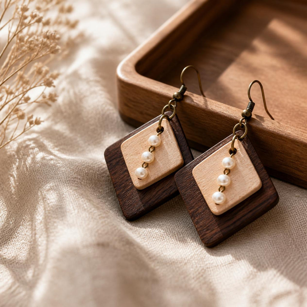 Wooden Square Two-Tone Earrings — Handcrafted Statement Studs