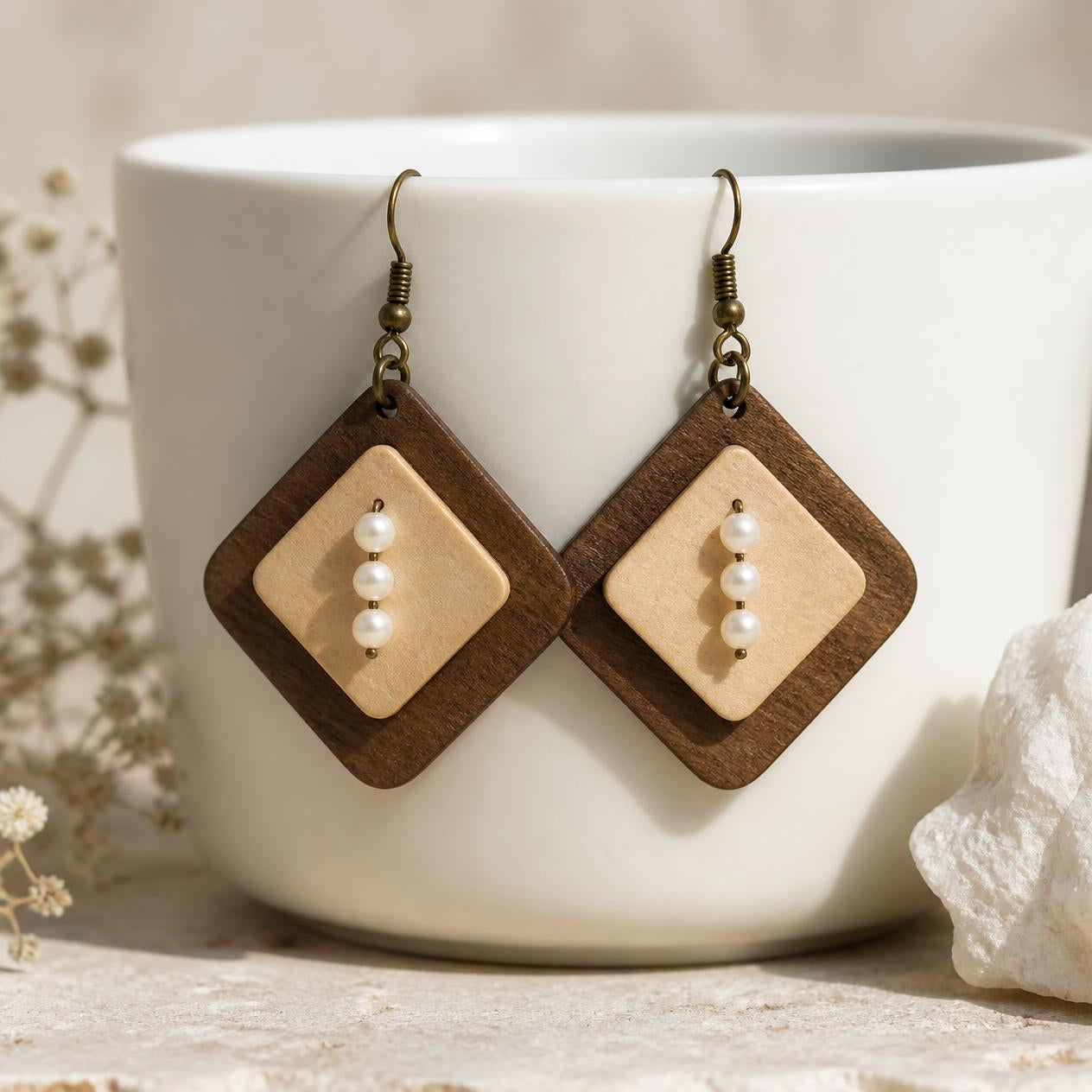 Wooden Square Two-Tone Earrings — Handcrafted Statement Studs